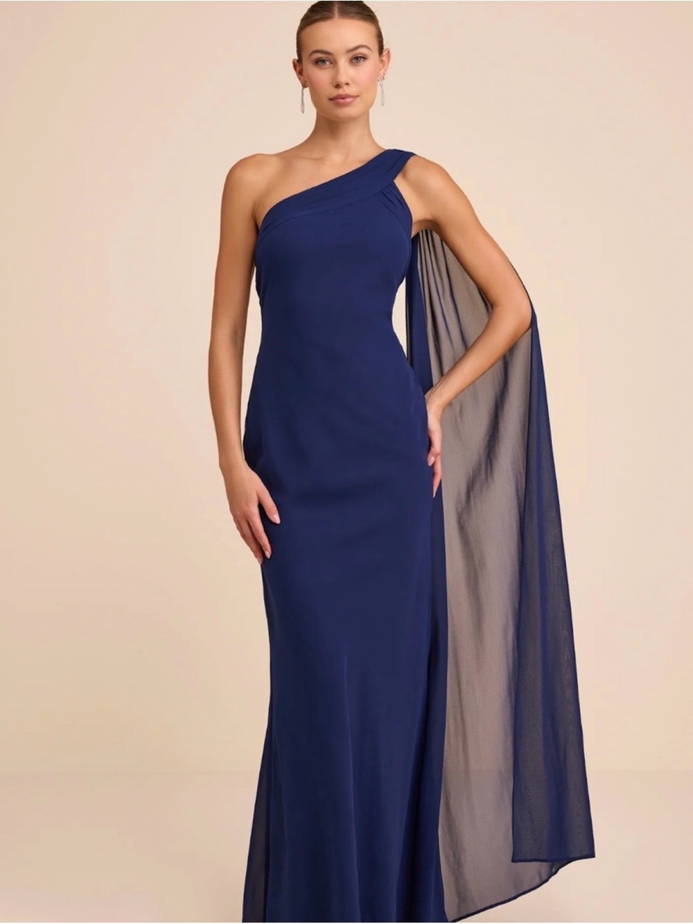 LuLus One-Shoulder Navy Evening Gown with Draped Cape